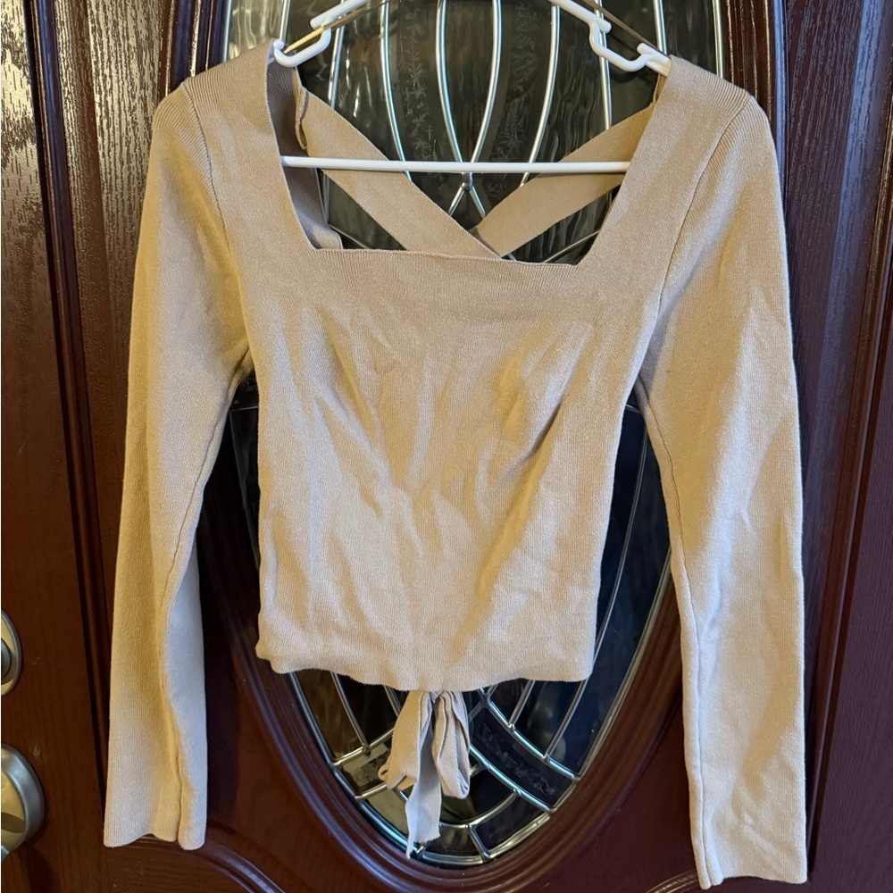 Elegant Beige Long Sleeve Tie Back Women's Top